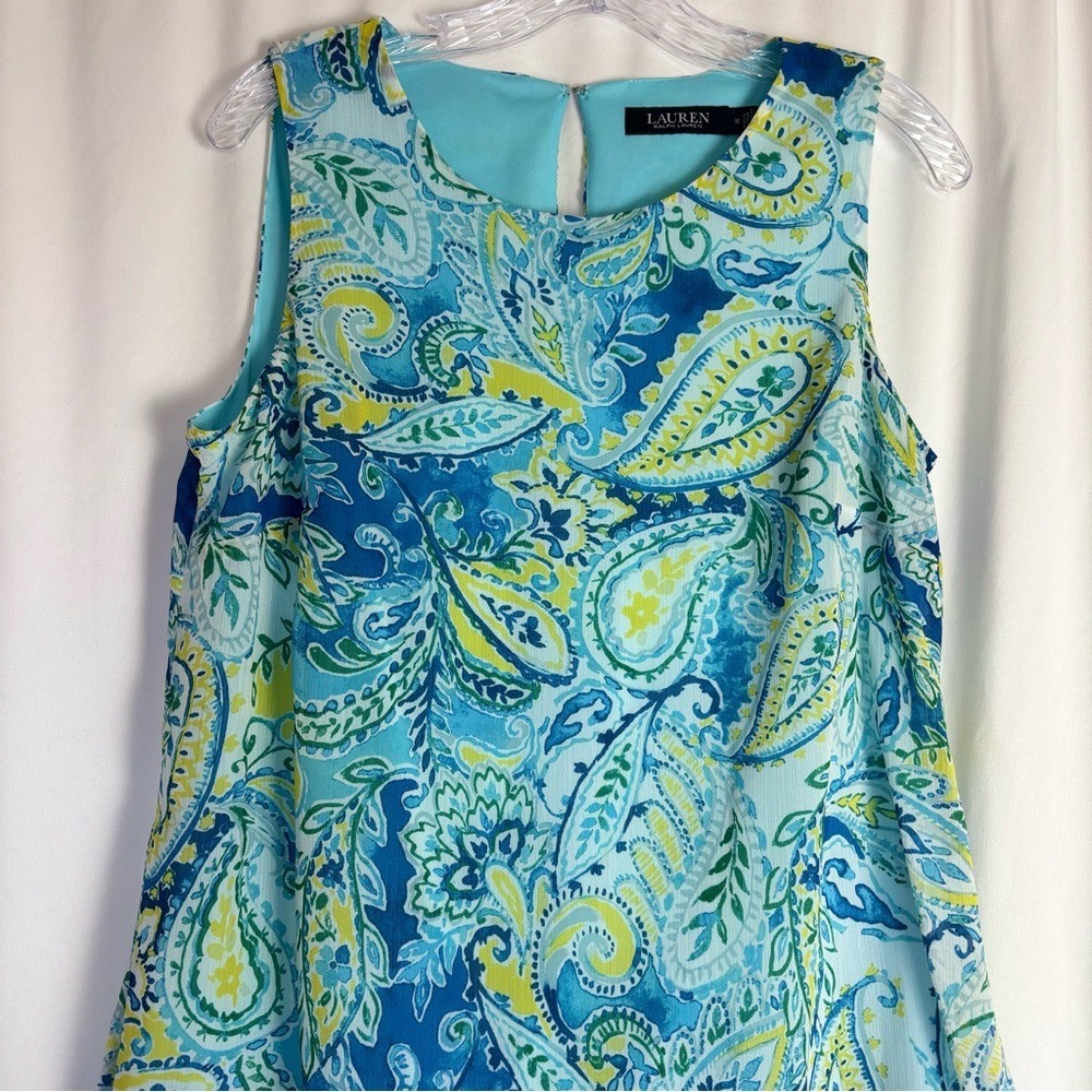 Lauren Ralph Lauren Paisley Tiered Ruffle Sleeveless Dress Blue Green Yellow 10 - Picture 4 of 10